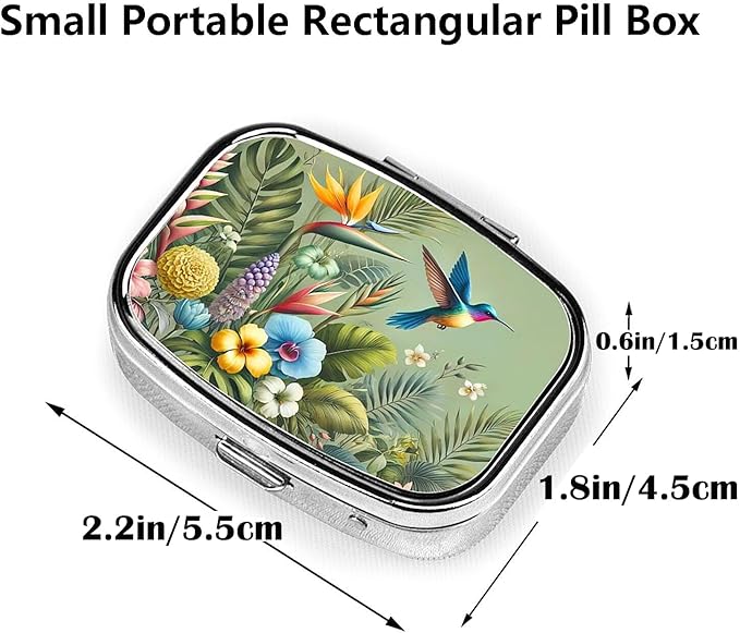 ABLESKY Pill Box, 2 Compartment Pill Organizer Case for Pocket or Purse, Small Portable Metal Travel Medicine Box with Mirror, Daily Vitamins Fish Oil Container-Natural Flowers Hummingbird