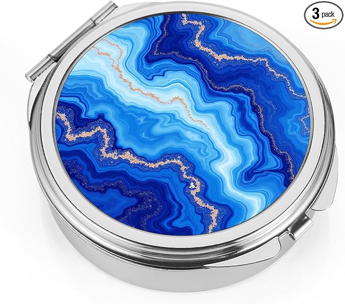 Dynippy Pill Case Pill Box with Mirror Pocket 3 Compartment Medicine Case Vitamin Pill Organizer for Pocket Purse and Travel (Round, Silver-Blue Marble Pattern)