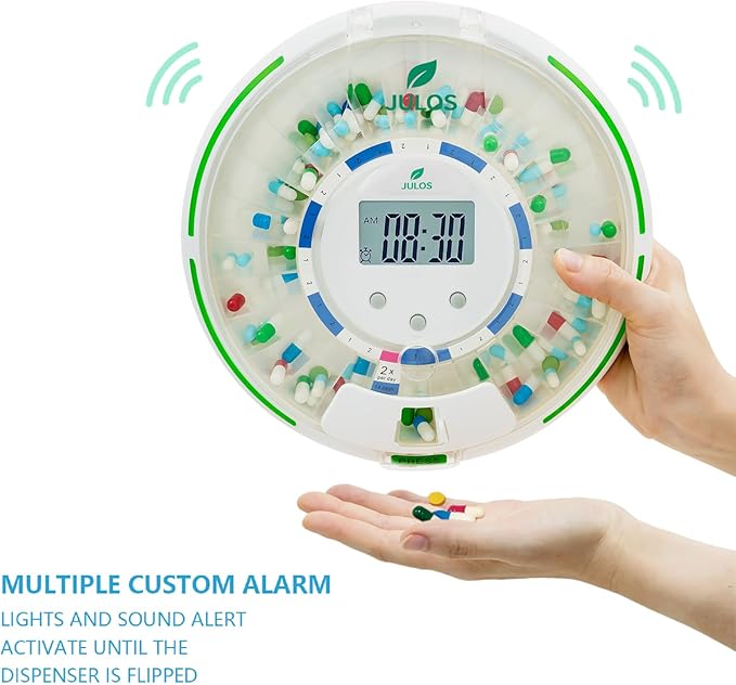 JULOS Locked Automatic Pill Dispenser with Sound & Light Alerts for Elderly, 28-Day Electronic Medication Organizer, up to 6 Alarms/Day, 6 Dosage Rings, Pill Dispenser for Vitamins & More, Clear Lid