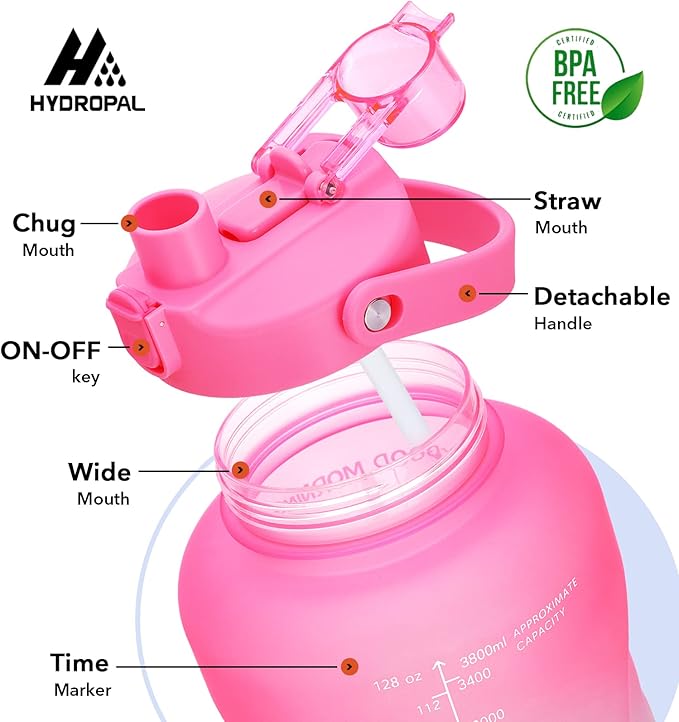 HydroPal 1 Gallon Water Bottles with Straw, 128 oz Water Bottle BPA Free Innovative 2-IN-1 Lid Gym Bottle with Times to Drink Motivational, Large for Sports Fitness Camping Water Jug （13.8X5.5 inch）