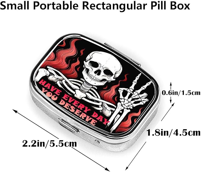 ABLESKY Pill Box, 2 Compartment Pill Organizer Case for Pocket or Purse, Small Portable Metal Travel Medicine Box with Mirror, Daily Vitamins Fish Oil Container-Skull Have Every Day You Deserve