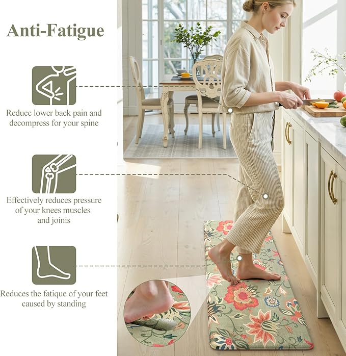 LEEVAN Anti Fatigue Mats for Kitchen Floor 2 Piece,Cushioned Memory Foam Green Kitchen Mats for Floor,Comfort Floral Boho Non Slip Kitchen Floor Mat for Sink,Laundry,Office(17''x29''+17''x47'')