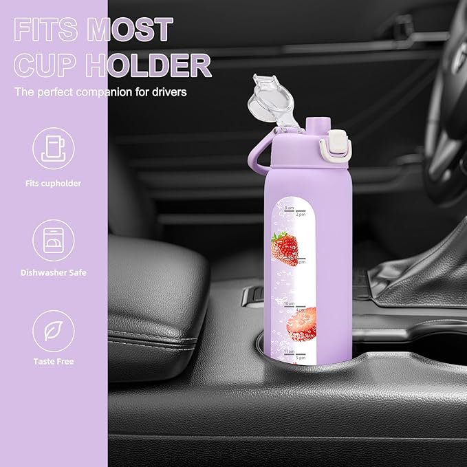 24 oz Glass Water Bottles with 2 Lids-Handle Spout Lid & Straw Lid, Motivational Water Bottle with Time Marker and Silicone Sleeve,Leakproof-Purple-1 Pack