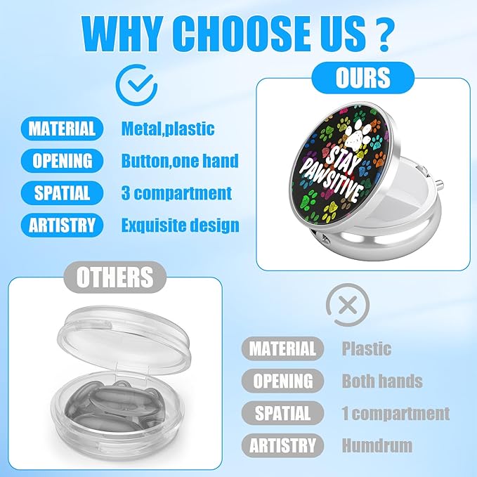 Pill Box, 3 Compartments Small Dog Lover Pill Case Travel Portable Metal Medicine Box with Mirror Mini Container for Purse Pocket Women Men(Dog Paw)