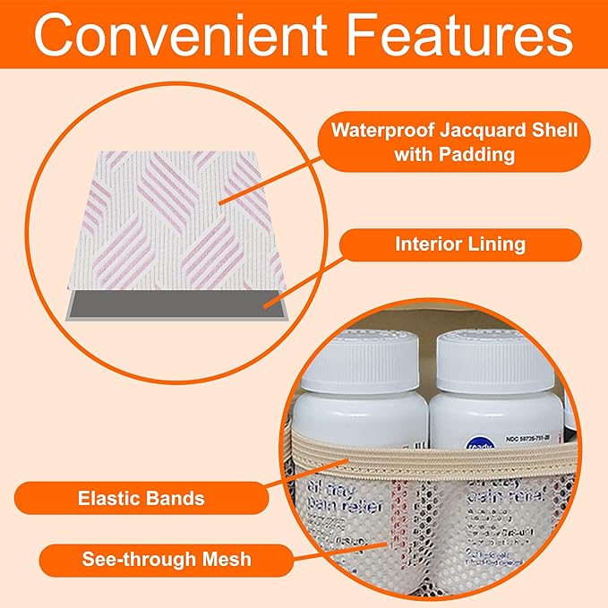 Medium Travel Pill Bottle Organizer, Slim Medicine Bag, Carrier for Medications and Medical Supplies - Jacquard Pink