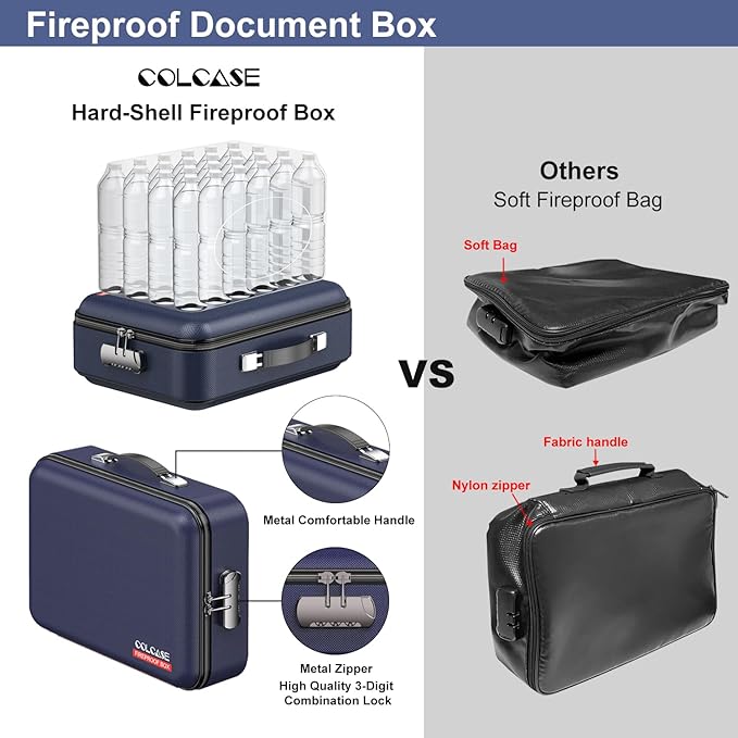 COLCASE Fireproof File Box, Hard Case Fireproof Document Organizer with Lock Hard-Shell Design Fireproof Water Resistant Safe Box for Important Documents Certificates Laptop Passports Blue