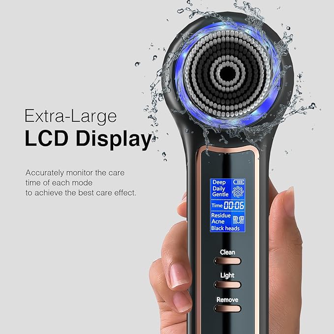 Electric Facial Cleansing Brush with LCD Screen, 3-in-1 Face Scrubber & Optional Blackhead Remover, Rechargeable, IPX7 Waterproof, Gentle Daily & Deep Cleaning for All Skin Types