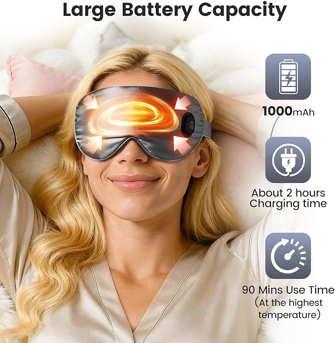 Cordless Heated Eye Mask for Dry Eyes, Blocking Light Warm Compress Rechargeable, 1000mAh Electric Eye Heating Pad for Sleeping, Washable Heat Sleep Mask with 3 Temperature Settings, Grey