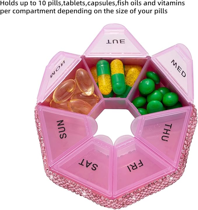 Round Pill Organizer Small Weekly Pill Case for Purse Bling Cute Medicine Pill Box Compact Vitamin Container 7 Day Daily Pill Holder Planner(Pink)