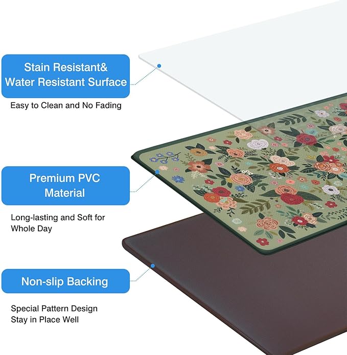 Anti Fatigue Boho Kitchen Rugs Set of 2, Floral Kitchen Mats for Floor, Farmhouse Kitchen Decor, Anti-Slip and Anti-Fatigue Foam Standing Mat,17x30 inch Sink Mat+17x48 inch Runner Rug Green
