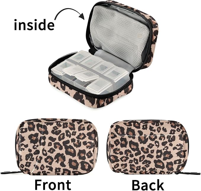 Pill Organizer Box Case Weekly Travel Pill Container Cute Pill Holder 7Day Vitamin Organizer Pill Dispenser Sorter Planner Storage Small Compact Leopard Print Brown08