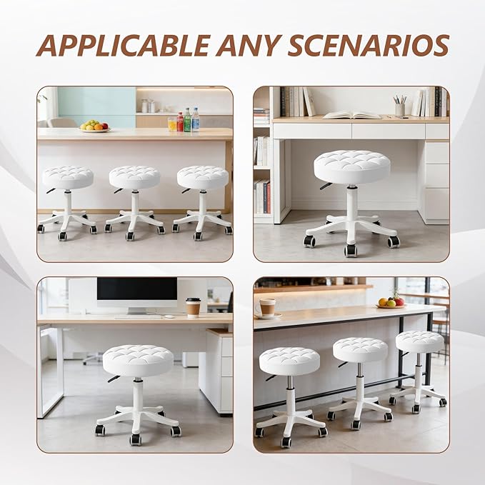 Small Rolling Stool with Wheels, PU Leather Height Adjustable Vanity Work Task Stool, 360 Swivel, Padded Seat Cushion,for Salon, Home, Office