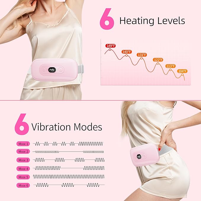 Portable Heating Pad Period Cramps: 2 Timer 6 Heat Levels 6 Vibration Modes Cordless Electric Heating Pad 3s Fast Heating Menstrual Heating Pad (Light Pink)