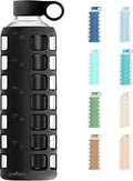 purifyou 40oz / 32oz / 22oz / 12oz Borosilicate Glass Water Bottle with Time & Volume Markers, Silicone Sleeve, Stainless Steel Lid | Reusable Glass Bottle for Water & Juice (40oz Jet Black)