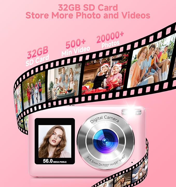 Digital Camera, 2026 Upgraded 56MP Pink Digital Camera, Dual Screens Cameras for Selfies with 16X Zoom, Compact Cameras with Smile Capture Anti Shake with 32GB SD Card for Kids Teens Adults