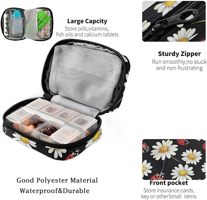 Fustylead Red Ladybugs and Daisy Floral Pill Organizer and Storage Weekly with Zipper, Removable Pill Box Portable Medicine Organizer for Vitamin Fish Oil Supplement
