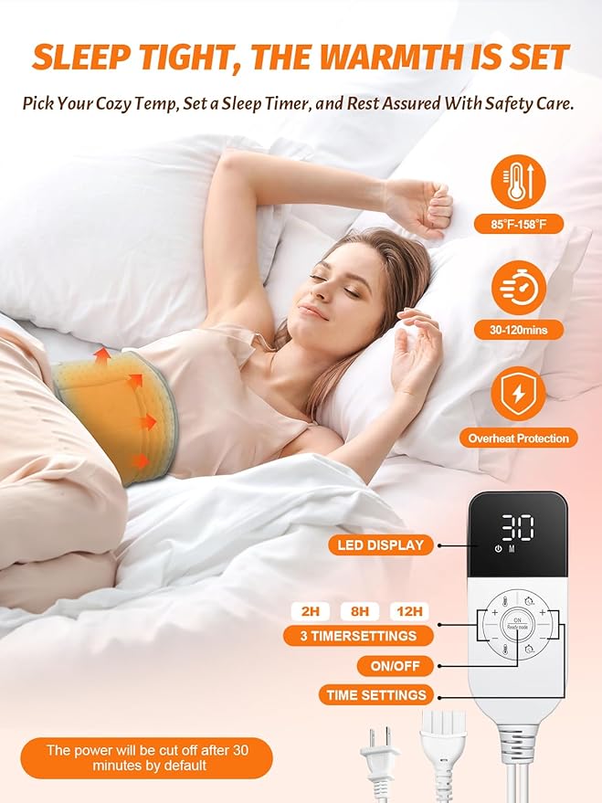 Extended Electric Heating Pad Belt Wrap for Period Cramps Abdomen Waist Lower Back Neck Shoulders Leg Arms Pain Relax with 3 Meters Power Cord Timer Temperature Settings Auto Shut Off Mom Dad Gift