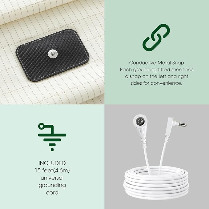 Ivellow Grounding Sheets King 10% Pure Silver Fiber 90% Organic Cotton Sheets King Size 16” Deep Pocket Soft Breathable Grounded Sheet Earth Connected Bedding Beige Fitted Sheet with Grounding Cord