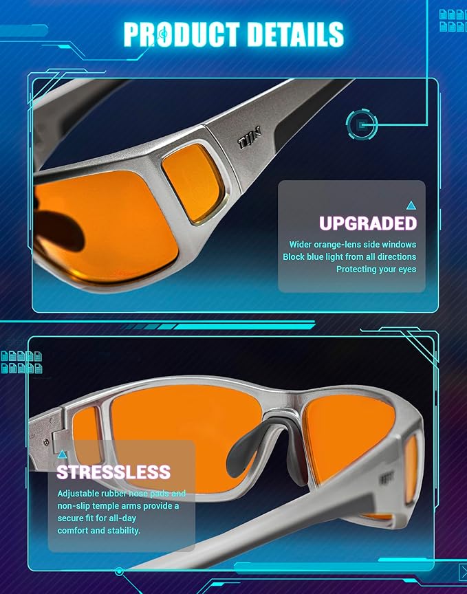 TIJN Sonia Red Sleep Glasses Orange Lens for Blue & Green Light Blocking,Dual AR Coating,Wraparound Frame for Gaming Screen