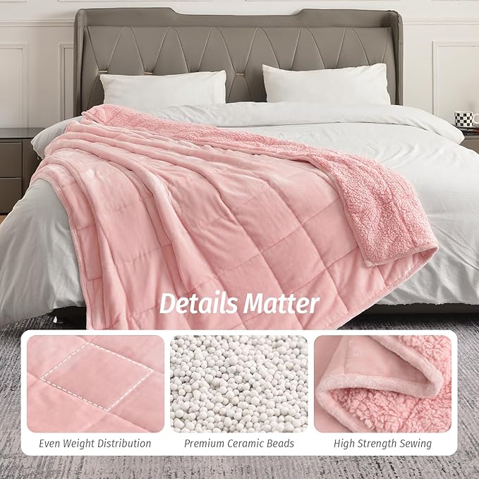 Wemore Sherpa Fleece Weighted Blanket for Adult, 15 lbs Dual Sided Cozy Fluffy Heavy Blanket, Ultra Fuzzy Throw Blanket with Soft Plush Flannel Top, 60 x 80 inches Pink on Both Sides