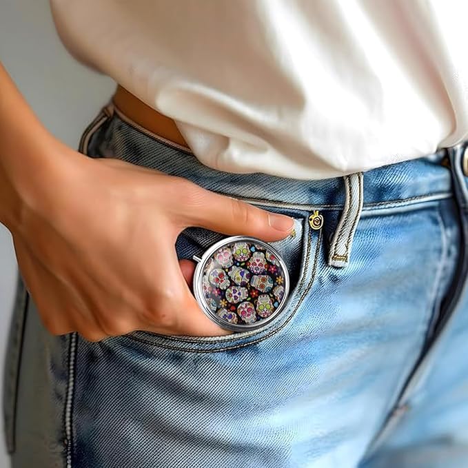 3-Compartment Pill Organizer with Mirror Retro Small Bronze Pill Case for Purse, Floral Design Travel Pill Box for Vitamins, Fish Oil, Supplements | Portable & Compact (Color F, One Compartment)