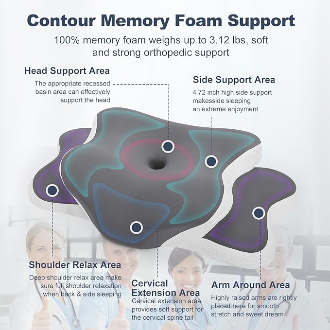 Sleep Apnea Pillow, Ergo Pillow for Sleep Apnea, Cervical Neck Pillow for Neck Pain Relief, Sleeping, and Snoring Relief, Orthopedic Therapy Memory Foam Contour Cooling Pillow for Side, Back