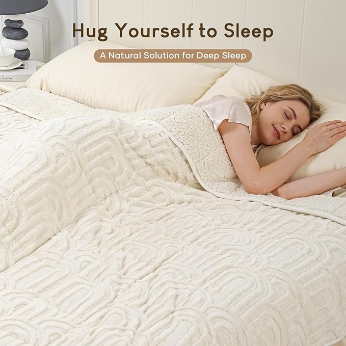Cottonblue Jacquard Weighted Blanket for Adults 15 lbs Twin Size, Soft Fluffy Sherpa Fleece Weighted Throw Blankets 60" x 80" for Sleep Relax, Fuzzy Warm Arch Heavy Blanket for Bed Couch, Cream White