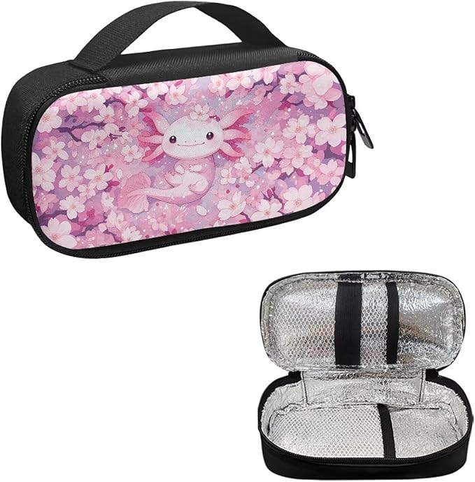 Axolotl Cherry Blossom Insulin Cooler Bag Insulated Diabetic Medication Organizer Carrying Protection Case with Handle for Insulin Pen, Test Strips, Lancets, Needles