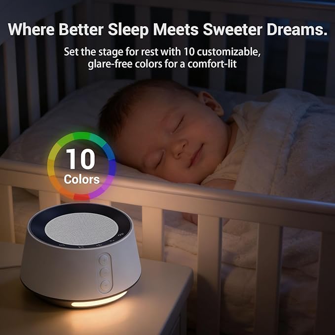 BGOVERSS White Noise Sound Machine with 20 Soothing Sounds, 10 Colors Night Light Sleep Machines Home Office Travel, 5 Timers and Memory Feature Sound Machine for Nursery Baby Kids Adults (White)