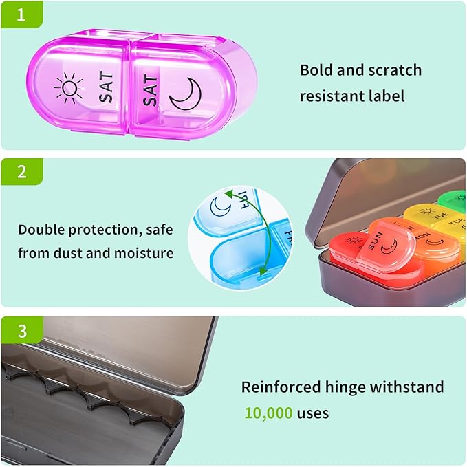 Betife AM PM Pill Organizer 7 Day, Weekly Pill Organizer 2 Times a Day, Daily Pill Box AM PM, Portable Travel Medicine Case, Day and Night Pill Container for Medication, Vitamin or Supplement（Black）