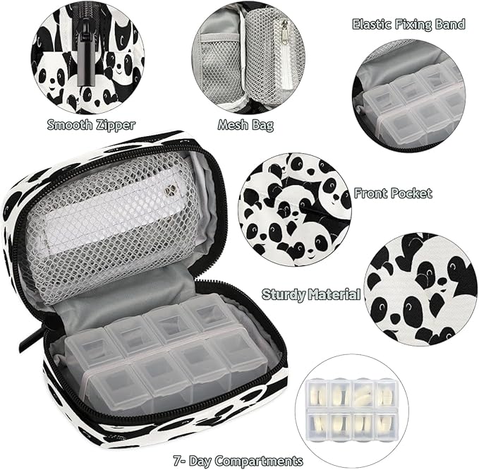 Weekly Travel Pill Organizer Case for Purse with Removable 7 Day Box Portable Compact Size Pill Box Fashionable Pill Container for Medicine Vitamin Supplement Cute Cartoon Panda