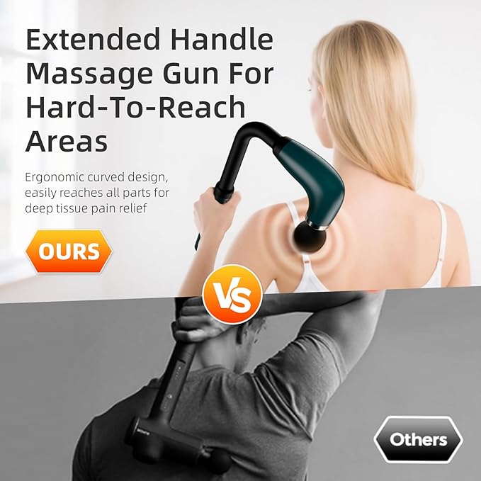 Massage Gun with Upgraded Extension Handle,Back Massage Gun Deep Tissue,Back Massager for Pain Relief for Muscles Neck Shoulders Waist Arm Legs Foot,4 Replaceable Heads & 9 Speeds (Green)