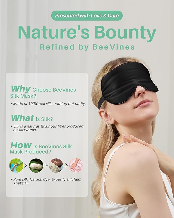 BeeVines Sleep Mask, 4 Packs 100% Real Natural Pure Silk Eye Masks with Adjustable Strap for Sleeping, Mulberry Silk Eye Sleep Shade Cover, Block Light Reduces Puffy Eyes Traveling Gifts(Black)