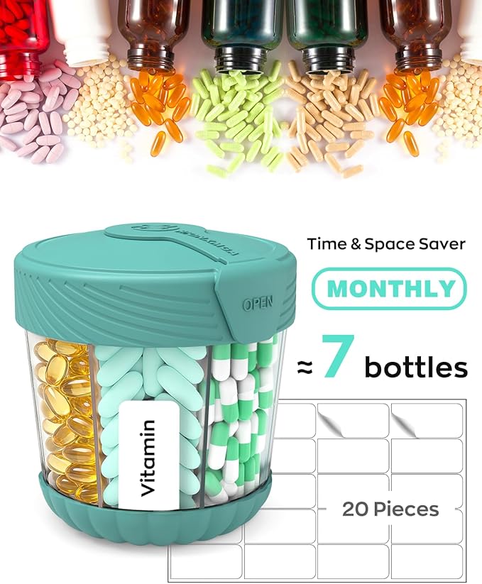 Large Pill Dispenser, Portable Pill Bottle Organizer for 7 Vitamins, Anti-Mix Supplement Organizer with Easy Twist Wide Opening, BPA-Free Pill Container, 20 Pcs Labels Included, Cyan