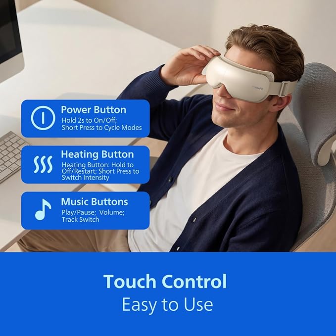 Philips Eye Massager with Heat and Cooling, Integrated Smart Sleep Mask with Nose Rest and Soft Silicone Massage Head, 4 Massage Modes for Migraines, Dry Eye, Dark Circles,Bluetooth Music, Ideal Gift