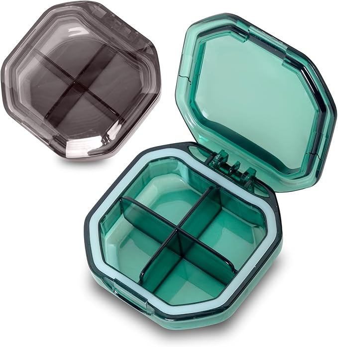 Daily Pill Organizer, 2 Pack 4 Compartments Small Pill Box Portable Pill Case, Travel Pill Organizer for Purse Pocket to Hold Vitamins, Cod Liver Oil, Supplements and Medication (Green+Grey)