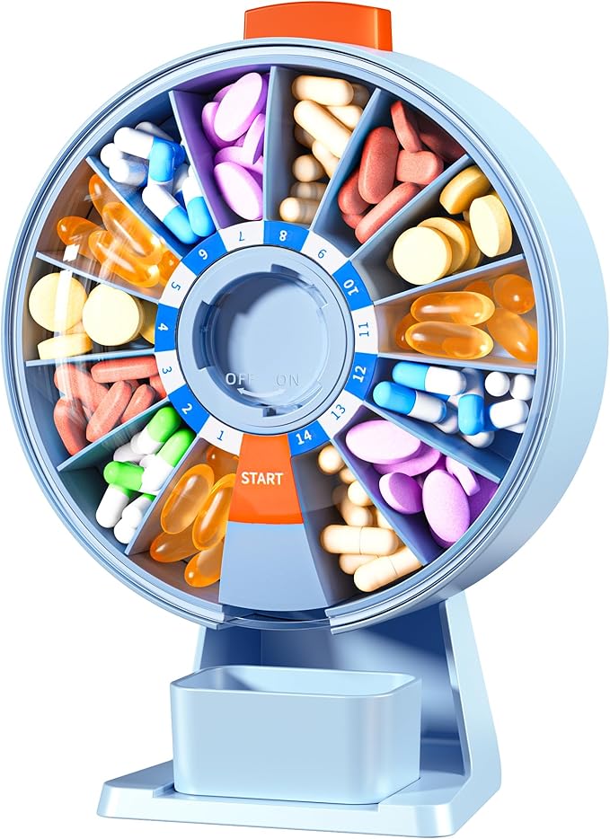 Zoksi Large Pill Organizer, Daily Pill Box for 7 or 14 Days, Wall-Mountable Pill Dispenser Hold for Medicine, Vitamin or Supplements, Weekly Pill Case with Easy Press Button (Blue)