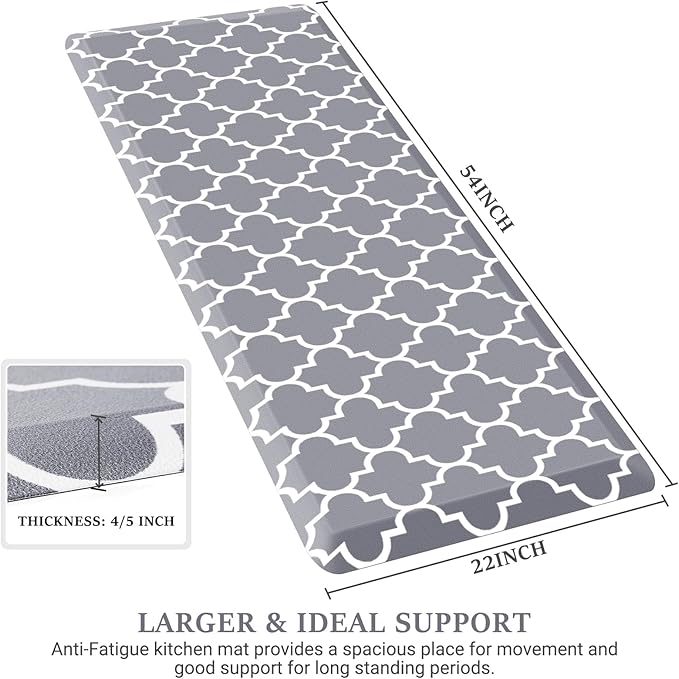 WISELIFE Anti Fatigue Floor Mat - 4/5 Inch Thick Kitchen Mat Non Slip Waterproof Heavy Duty Ergonomic Comfort Mat Durable for Home, Office, Sink, Laundry,(22" x 54", Grey)