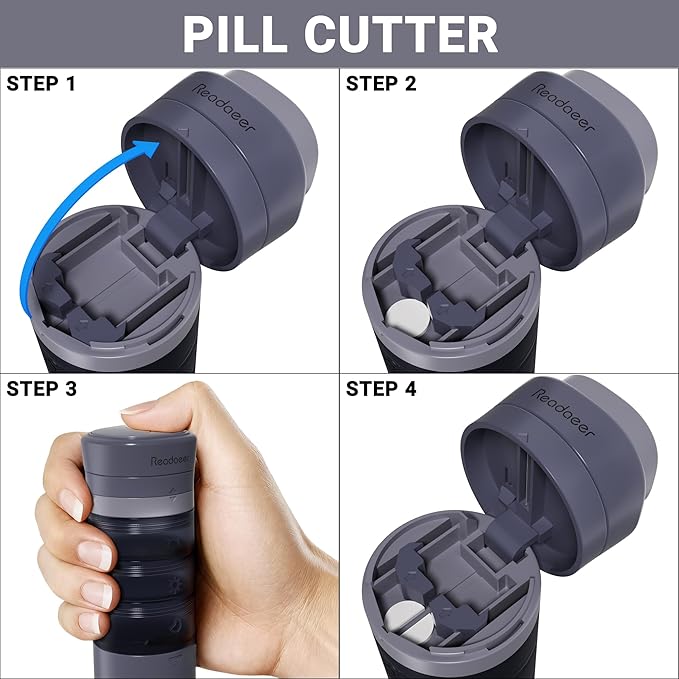 READAEER Pill Organizer, Pill Cutter, Pill Grinder, 3 in 1 Function Portable Pill Case for Travel (Blue)