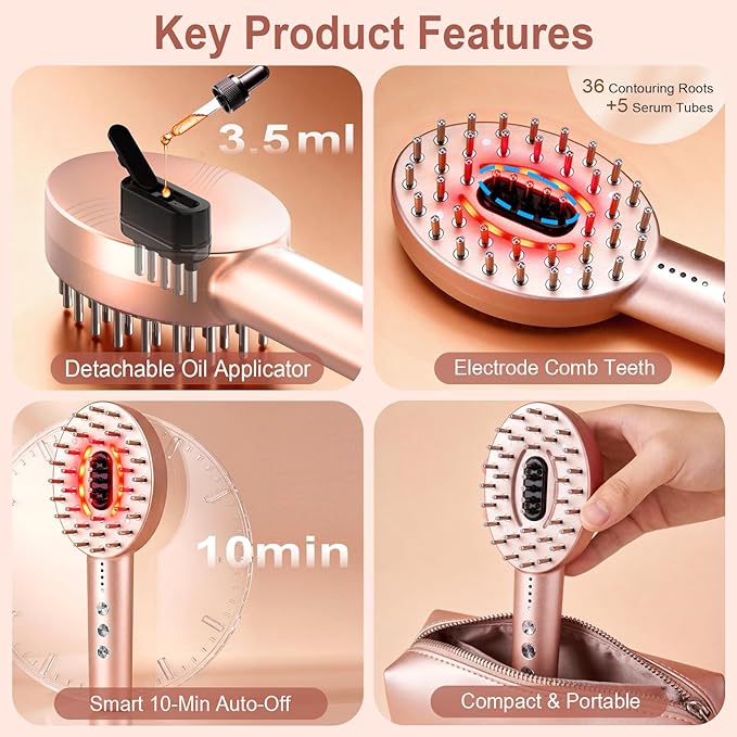 3-in-1 Electric Scalp Massager with Hair Oil Applicator, Red & Blue Light Modes, Vibrating Massage Tool for Scalp/Face/Body Relaxation, Portable Scalp Massager Brush for Travel (Rose Gold)