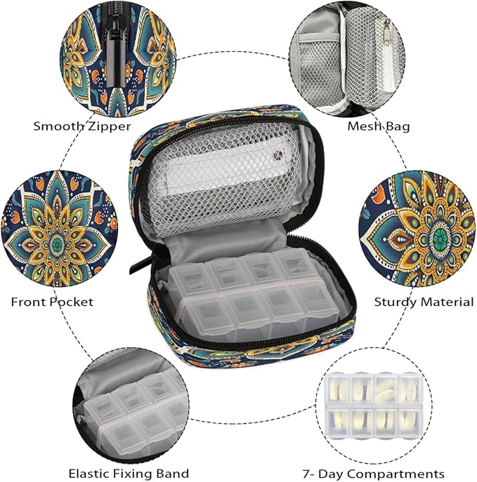 Indian Mandala Ethnic Pill Case Travel Pill Organizer Weekly 7 Day Portable with Zipper Medicine Box Pill Case for Vitamins, Birth Control,Fish Oils,Medication, Supplements