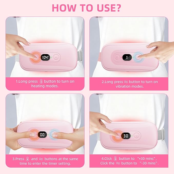 Portable Heating Pad Period Cramps: 2 Timer 6 Heat Levels 6 Vibration Modes Cordless Electric Heating Pad 3s Fast Heating Menstrual Heating Pad (Light Pink)