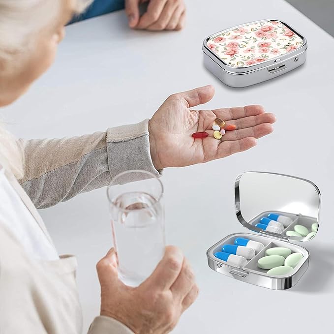 Pill Box-2 Compartment Small Pill Case Square Organizer Case with Mirror Portable Metal Medicine Box Travel Container for Pocket & Purse Women Men(Pink Spring Floral)