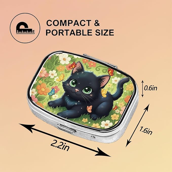 Square Pill Case Small Pill Box with Mirror Pocket 2 Compartment Vitamin Pill Medicine Case Organizer Pill Containers for Traveling Garden Cute Black Cat
