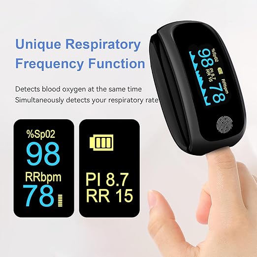 Rechargeable pulse oximeter with respiration, with O2 Pulse Rate PI RR Respiratory Accurate Reliable Oximeter SpO2 Reading Not for medical use Black