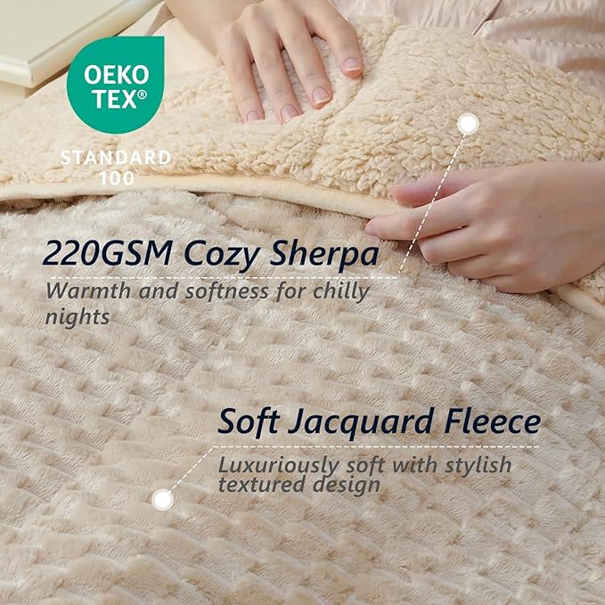 Mr. Sandman Weighted Blankets for Adults Queen Size 15lbs, Warm Sherpa Fleece Throw Blanket for Sleep and Calm, Soft Cozy Heavy Bed Blanket with Jacquard Flannel, 60 x 80 Inches, Khaki