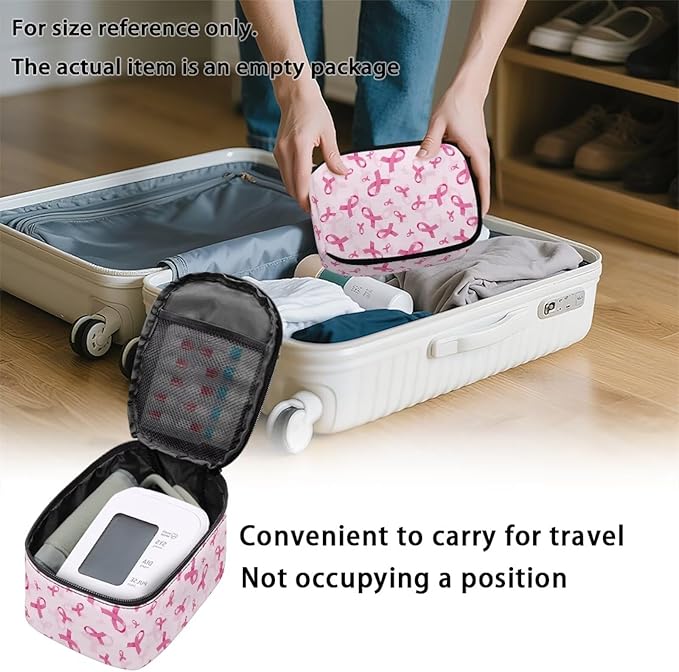 Breast Cancer Awareness Ribbon Blood Pressure Monitor Case Travel Portable Carrying Case for Blood Pressure Monitor with Zipper and Mesh Pockets