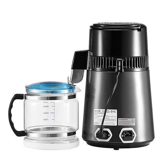 VEVOR 1750W Water Distiller, 0.4Gal/H Distilled Water Maker with Glass Carafe, 4L/1.1Gal Countertop Distiller Machine, 0-99H Time Temp Dual Display, Anti-Dry Design 304 Stainless Steel Still, Grey