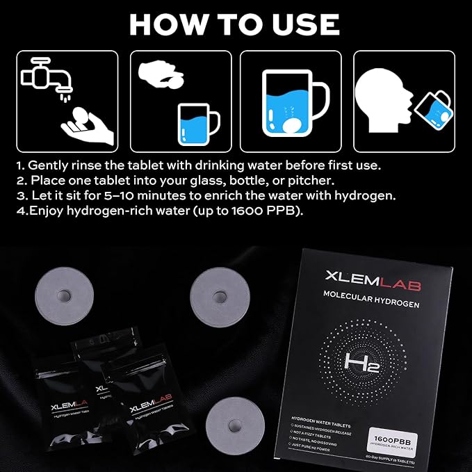 XLEMLAB Hydrogen Water Tablets,Molecular Hydrogen Tablets for Drinking Water,1600PPB H2 Rich for Post-Workout Recovery Antioxidant Anti-Aging, 6 Packs, 60 Days Supply