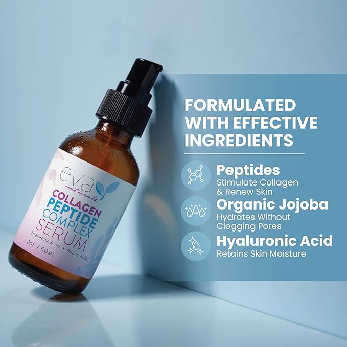 Eva Naturals Multi Peptide Face Serum – Anti Aging Collagen Peptides for Plump & Firm Skin Elasticity, Wrinkle & Fine Line Renewal, Fragrance Free Firming Facial Skincare - 2 oz 2 Pack
